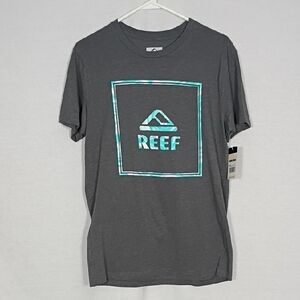 NWT Reef Mens Gray Short Sleeve Tee with Blue Logo Size Medium